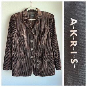 Akris Women's Brown Crushed Velvet Ribbed Pinstripe Single Breasted Blazer Sz 14